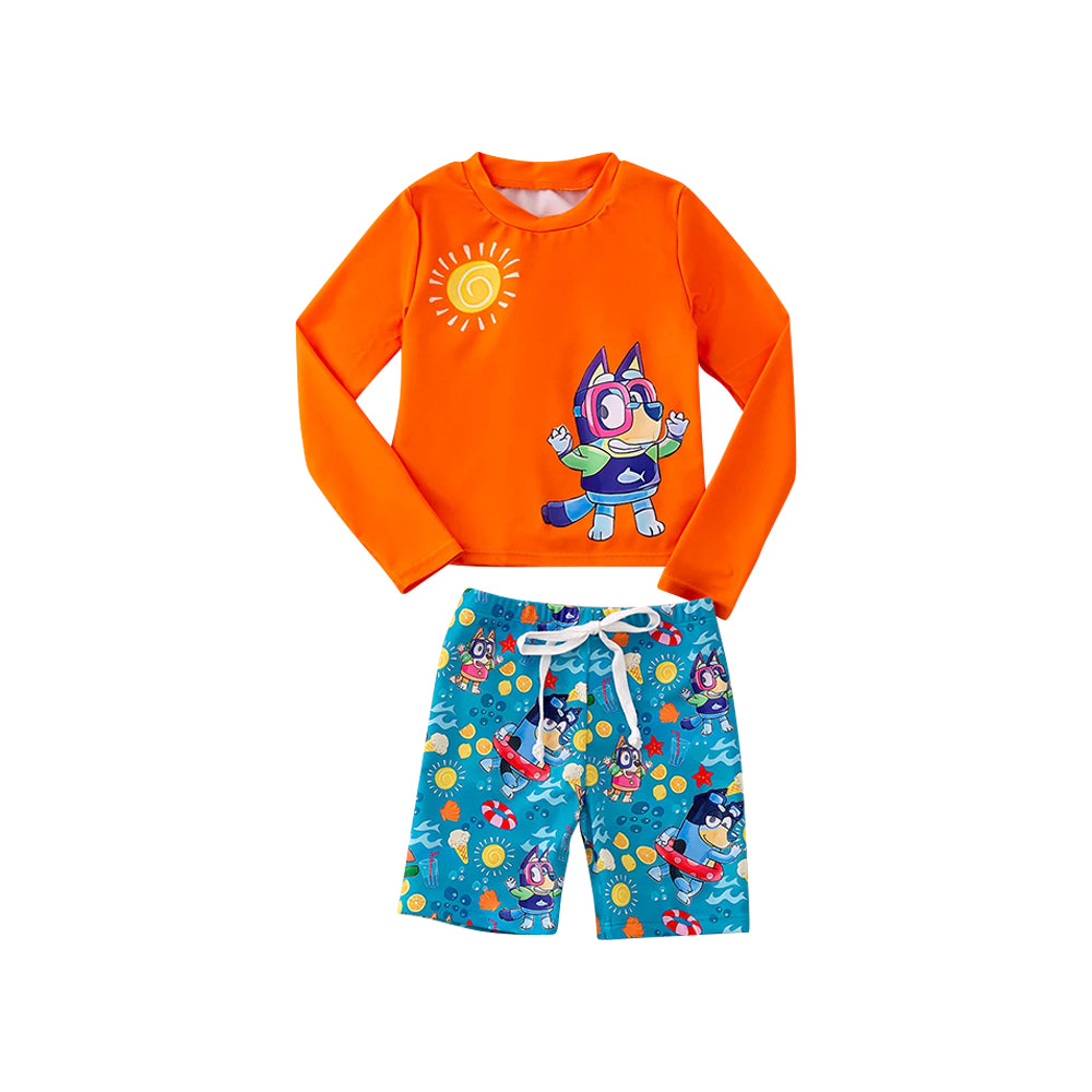 Preorder (moq 5)Baby Boys Orange Dogs Long Sleeve Top Two Pieces Swimsuits