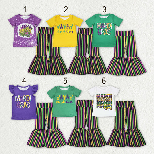 Sibling Baby Girls Mardigras Top Bell Bottom Stripe Pants Clothes Sets
