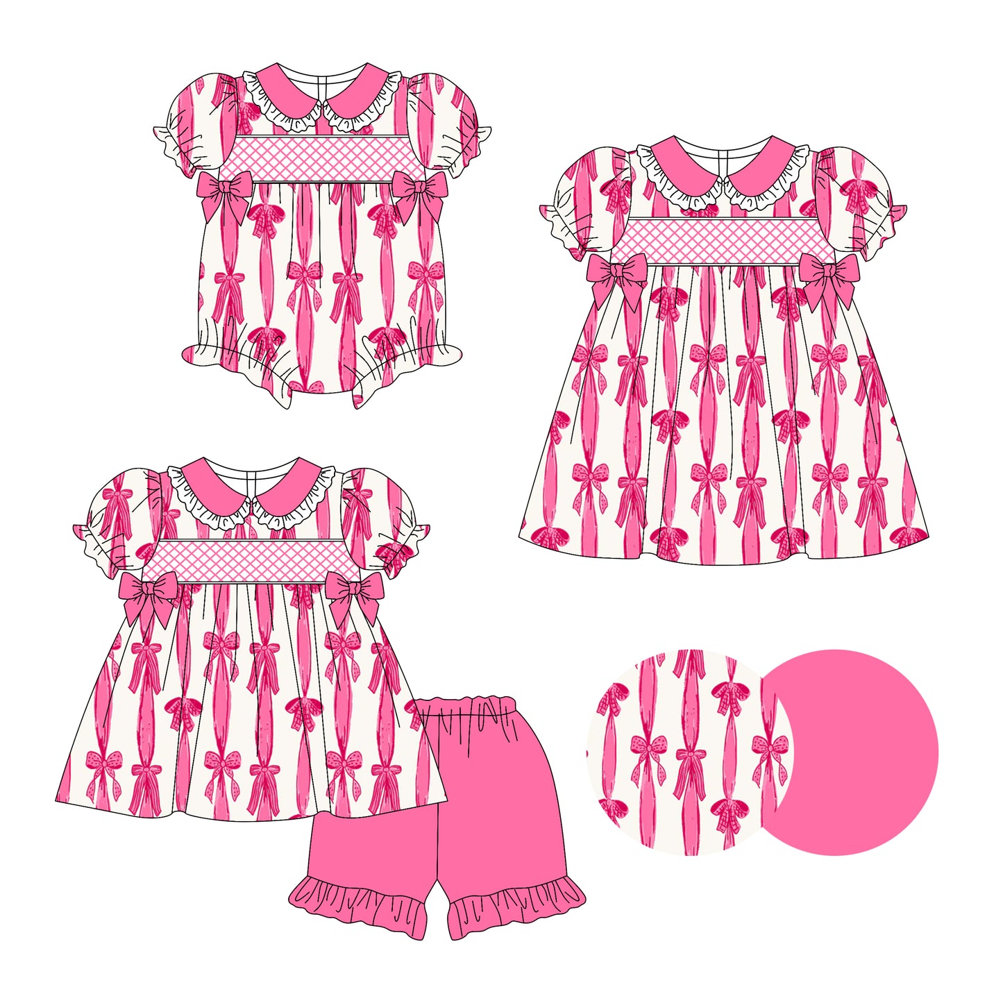 Preorder moq 5 Custom Baby Girls Short Ruffle Sleeves Hot Pink Bows Tunic Ruffle Short Set Knee Length Dress Rompers