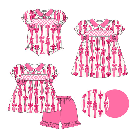 Preorder moq 5 Custom Baby Girls Short Ruffle Sleeves Hot Pink Bows Tunic Ruffle Short Set Knee Length Dress Rompers