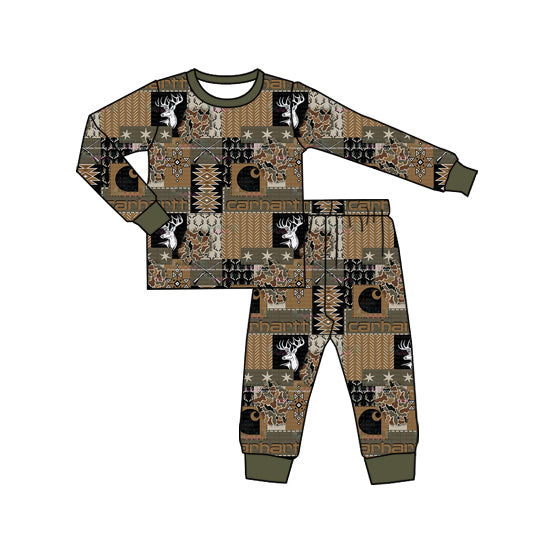Preorder (moq 5)Baby Boys Long Sleeves Deer Aztec Plaid Top Pant Pajamas Set