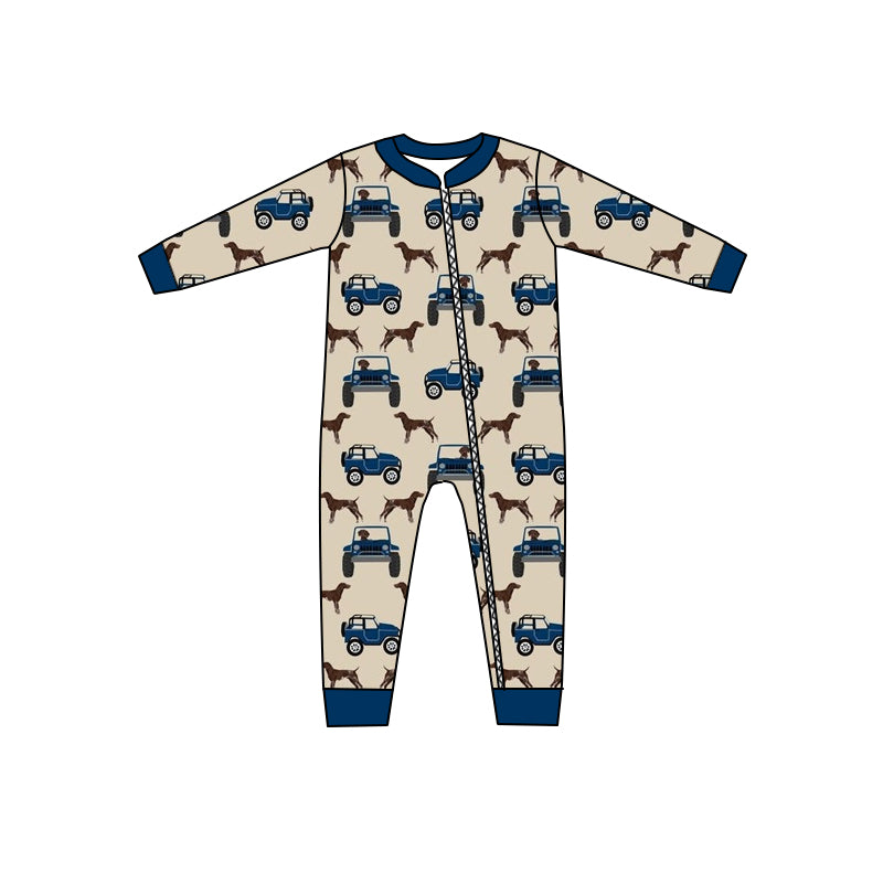 Baby Boys Trucks Dogs Long Sleeve Zip Rompers preorder(moq 5)