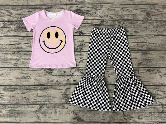 Baby Girls Smile Shirts Bell Checkered Pants Clothes Sets