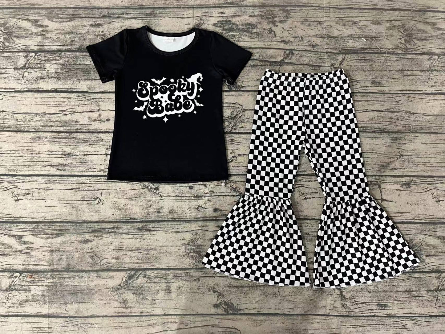 Baby Girls Spooky Babe Shirts Bell Checkered Pants Clothes Sets