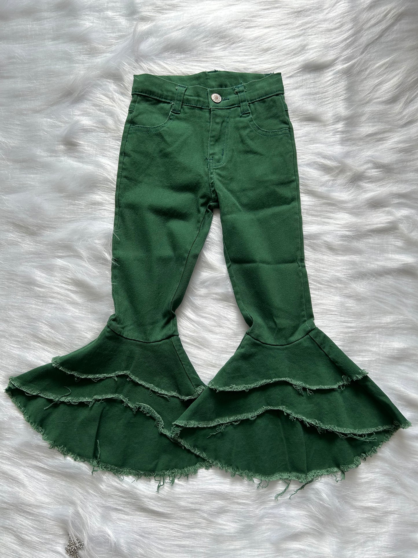 Baby Girls Double Ruffle Green Denim Bell Pants