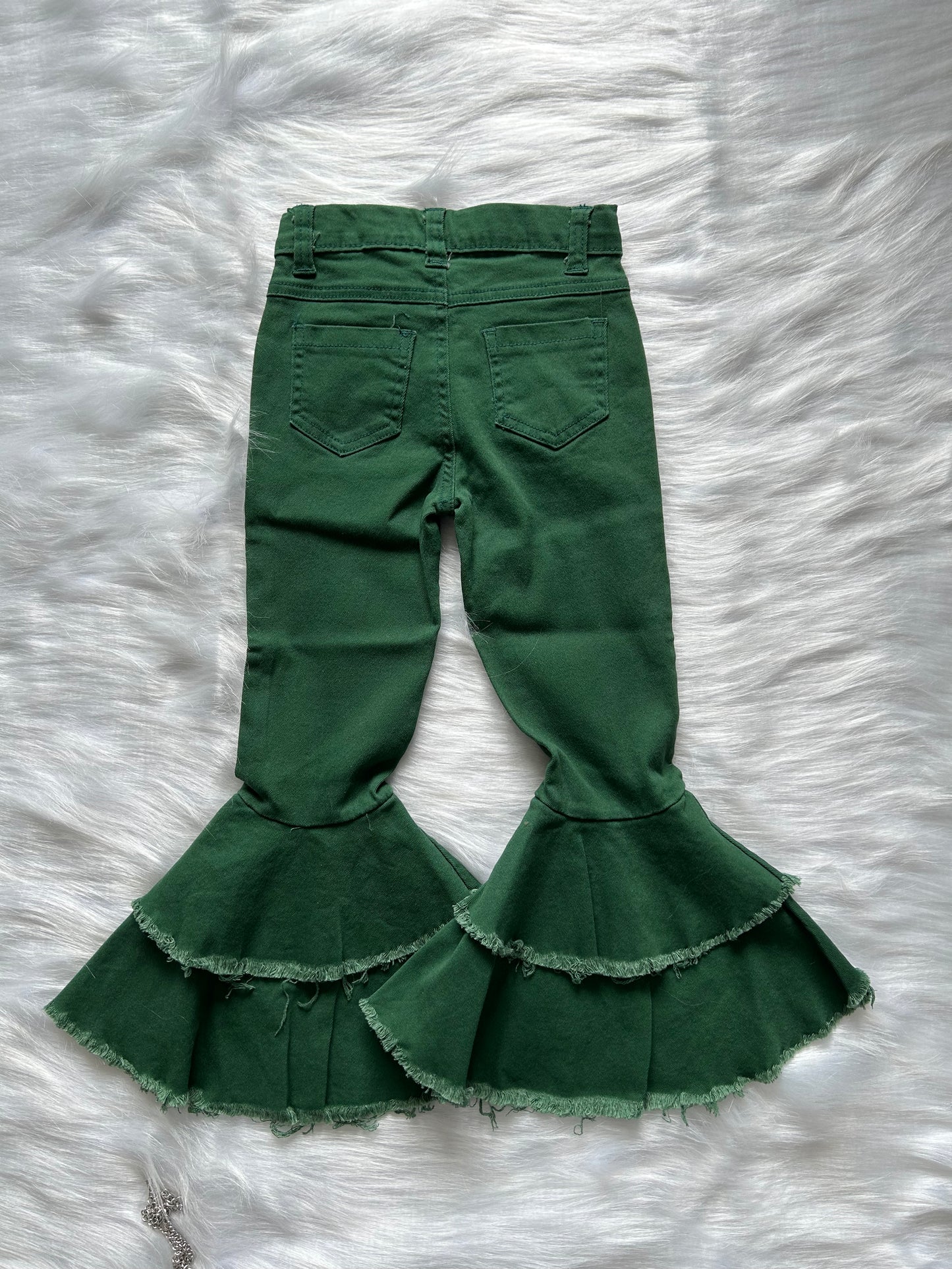 Baby Girls Double Ruffle Green Denim Bell Pants