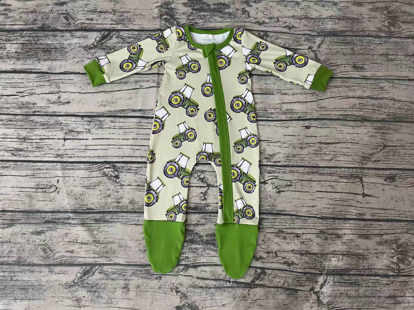 Baby Boys Green Tractor Footie Zip Rompers