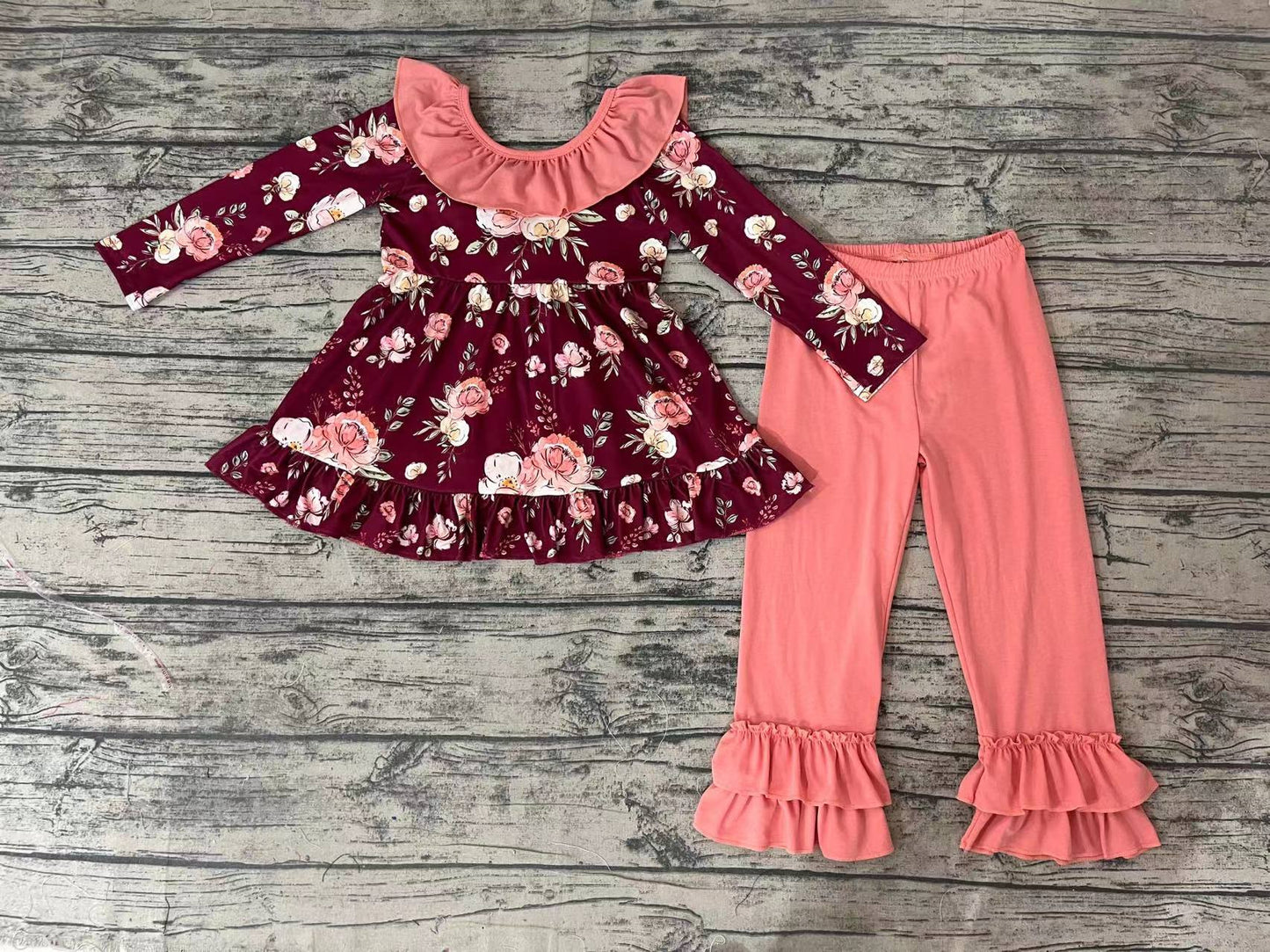 Baby Girls Wine Flowers Tunic Ruffle Pants Clothes Sets