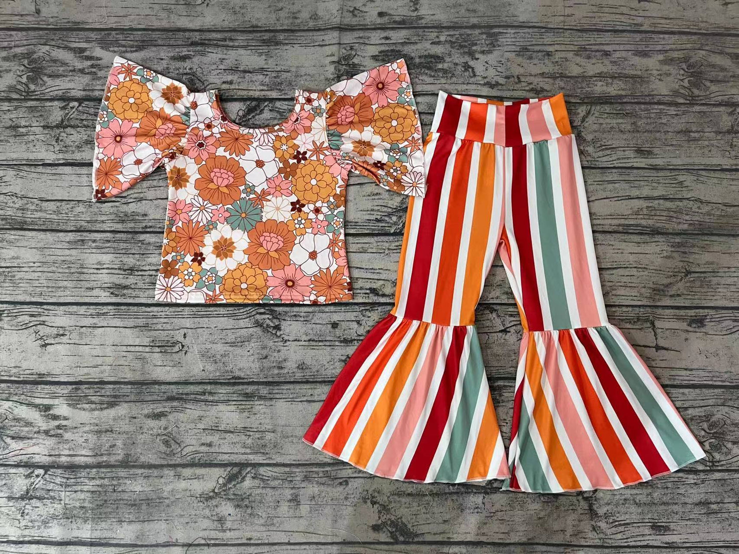 Baby Girls Pink Flowers Top Stripes Bell Pants Clothes Sets preorder