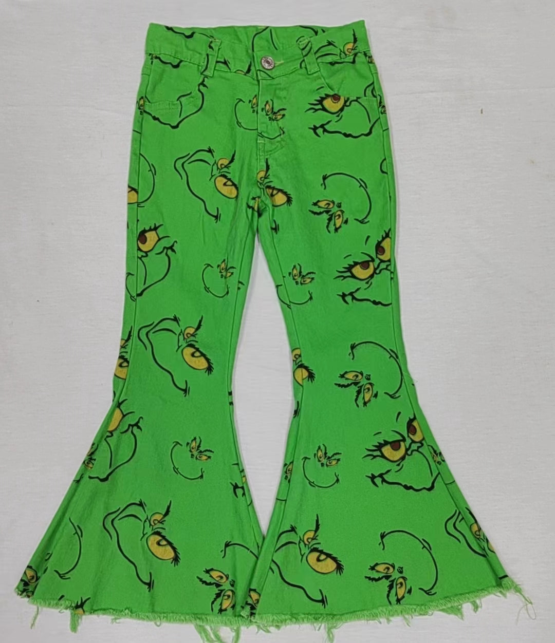 Baby Girls Christmas Green Frog Face Denim Bell Pants