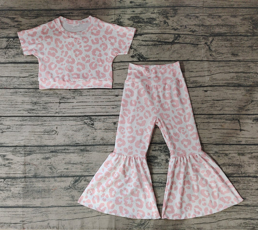 Baby Girls Leopard Pink Top Bell Bottom Pants Clothes Sets