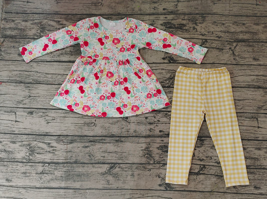Baby Girls Yellow Floral Tunic Plaid Legging Pants Outfits Clothing Sets