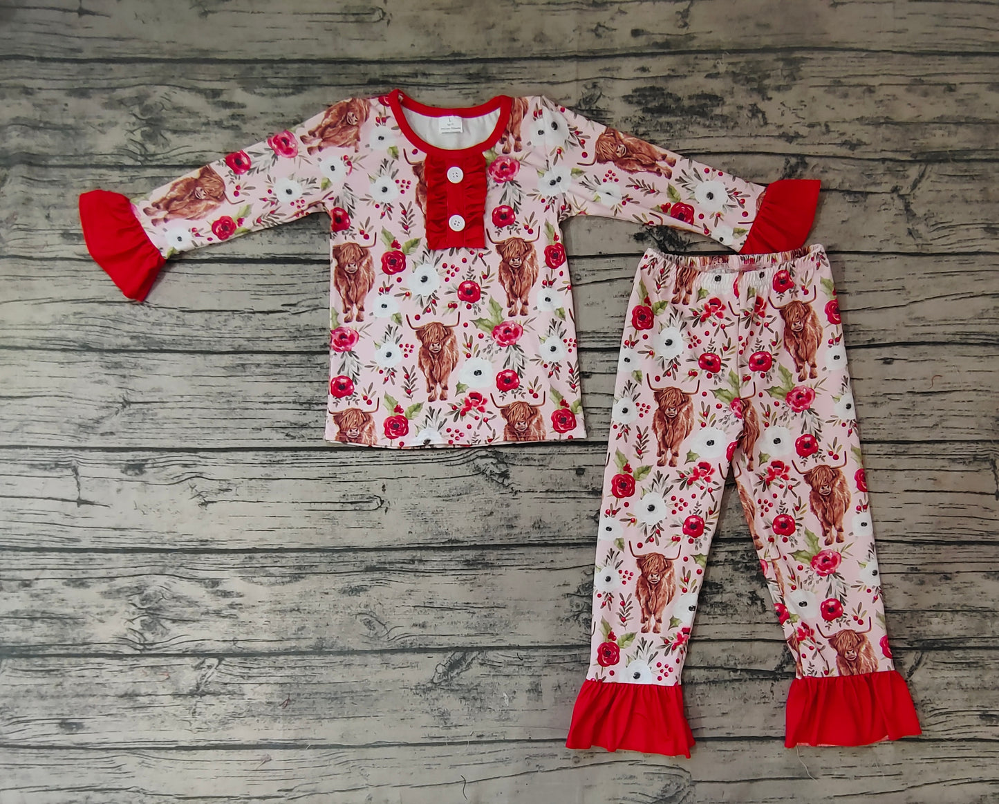 Christmas Baby Girls Red Flowers Cows Shirt Ruffle Pajamas Clothes Sets