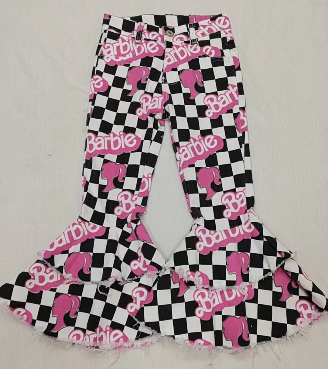 Baby Girls Black Checked Doll Denim Bell Pants