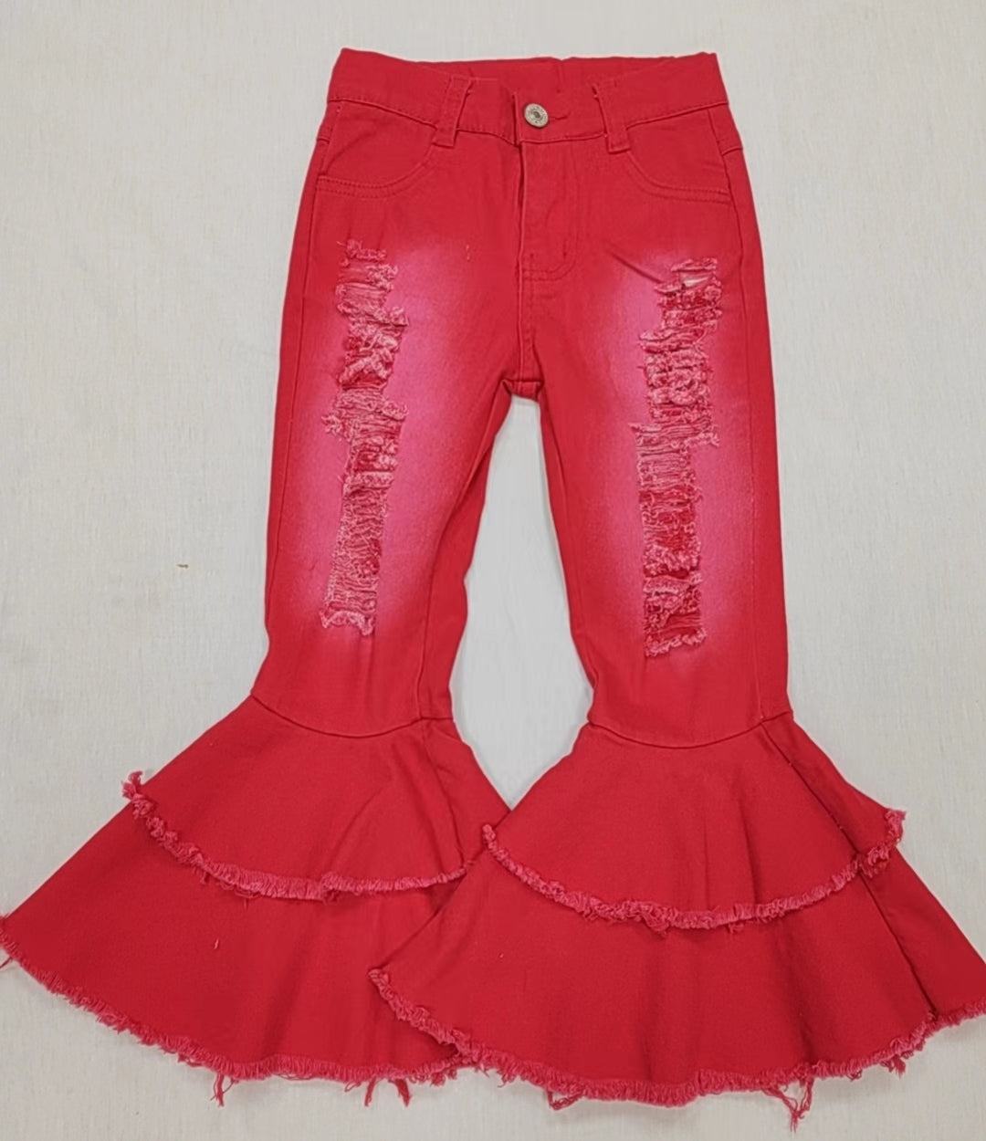 Baby Girls Red Distressed Denim Double Ruffle Bell Pants