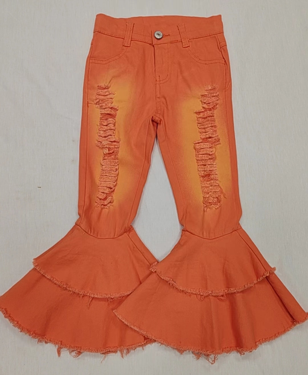 Baby Girls Orange Distressed Denim Double Ruffle Bell Pants