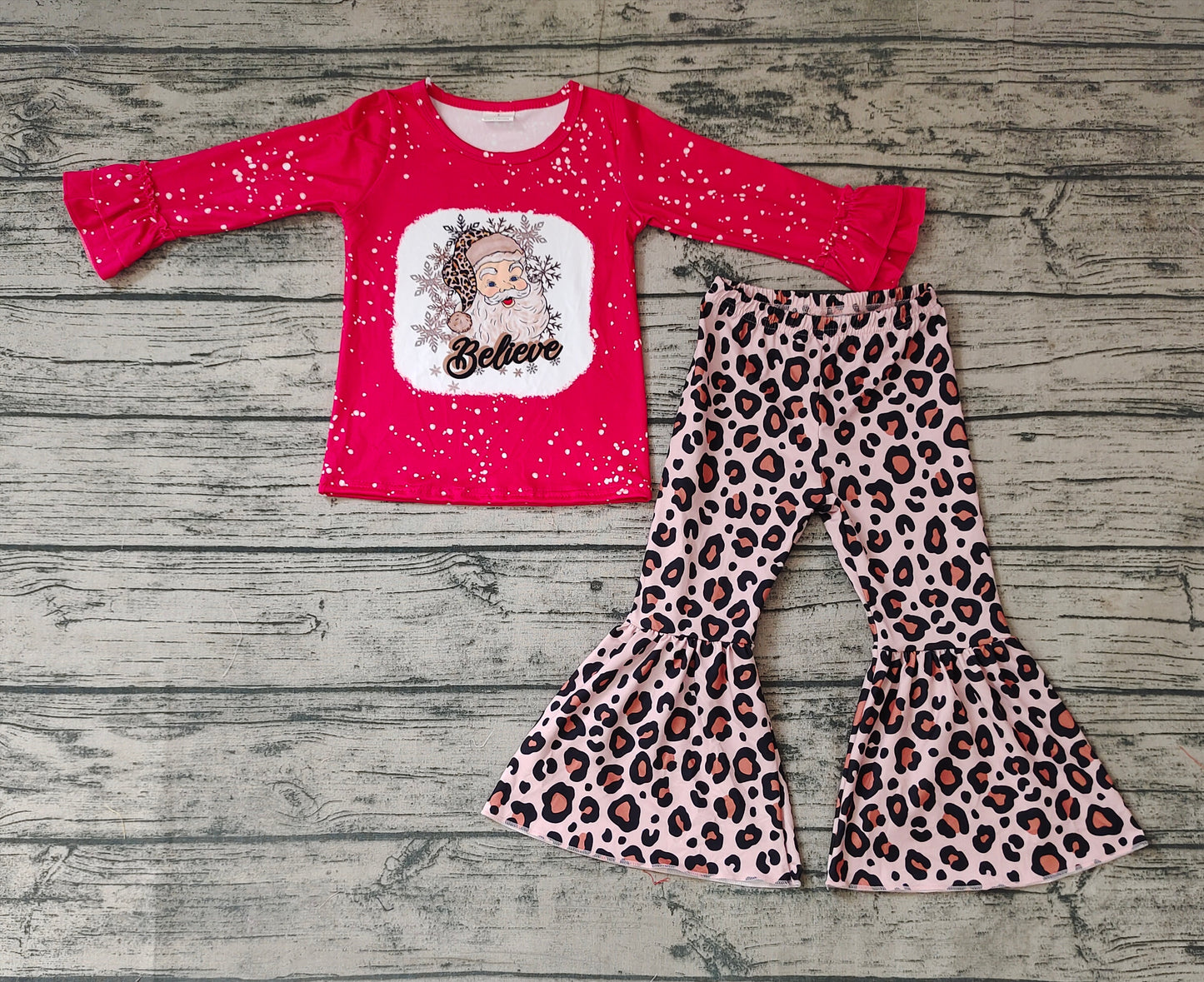 Baby Girls Christmas Santa Believe Shirt Leopard Bell Pants Clothes Sets