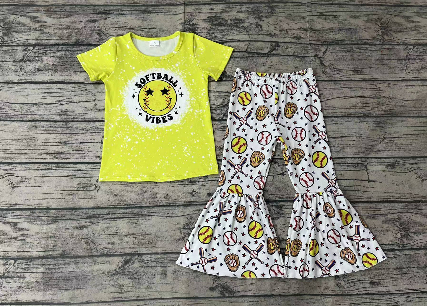 Baby Girls Softball Short Sleeve Top Bell Bottom Pants Clothing Sets