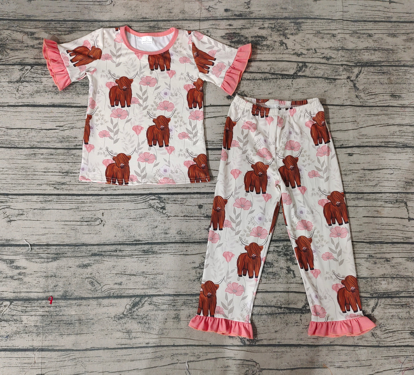 Baby Girls Short Sleeve Ruffle Tee Shirts Highland Cow Pajamas Clothing Sets