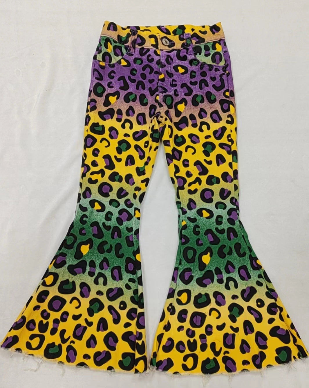 Baby Girls Mardi Gras Colorful Leopard Bell Denim Pants Jeans