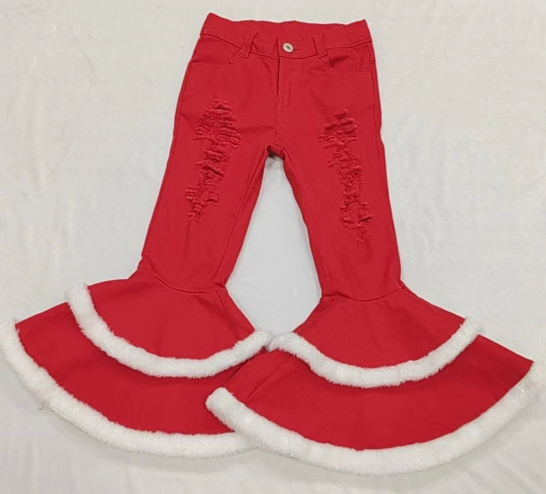 Baby Girls Red Distressed Fur Bell Denim Pants