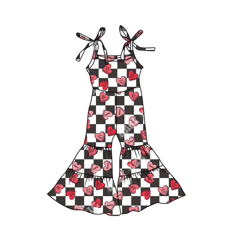 Baby Girls Valentines Hearts Black Checkered Straps Bell Bottom Jumpsuits preorder