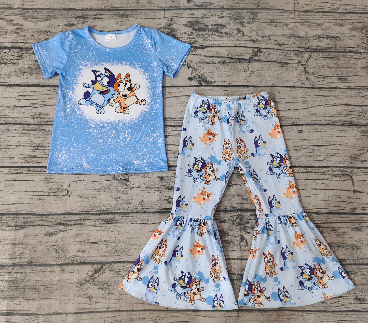 Baby Girls Blue Dog Short Sleeve Shirt Top Flare Pants Clothes Sets