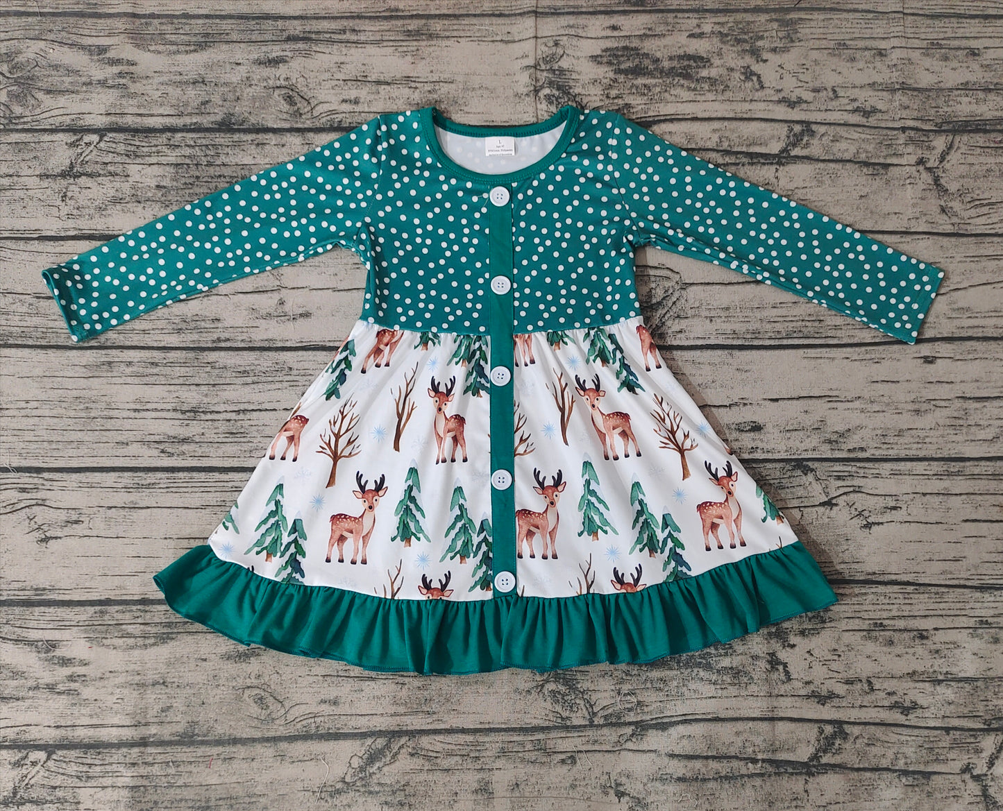 Baby Girls Christmas Tree Deer Long Sleeve Ruffle Dresses