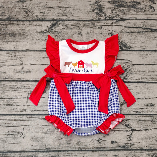 Baby Infant Girls Farm Red Bows Flutter Sleeve Rompers