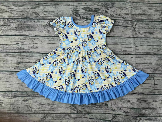 Baby Girls Short Sleeve Blue Ruffle Knee Length Dogs Dresses