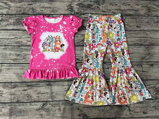 Baby Girls Dog Flowers Shirts Tops Bell Pants Clothes Sets