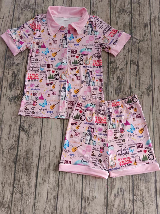 Baby Girls Pink Pop Singer Ruffle Buttons Tee Shirt Shorts Pajamas Clothes Sets preorder (moq 5)