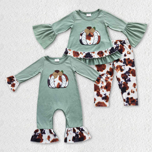 Sibling Cowhide Pumpkin Western Rompers Sister Clothing Sets