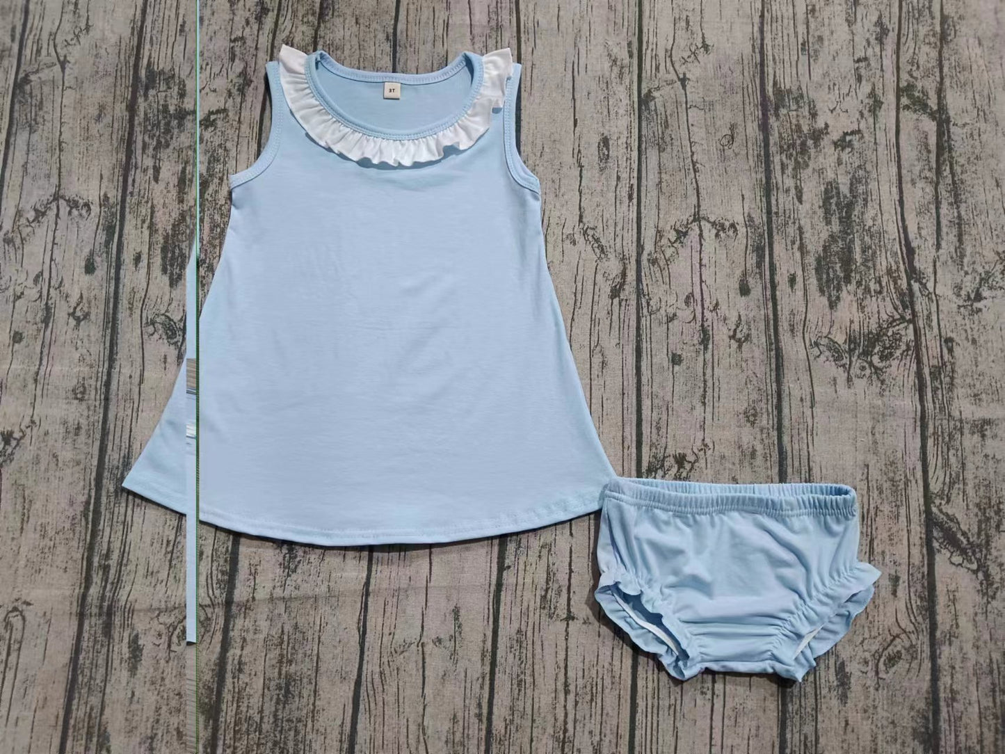 Preorder(moq 5) Baby Girls Light Blue Sleeveless Tunic Top Ruffle Bummies Clothes Set