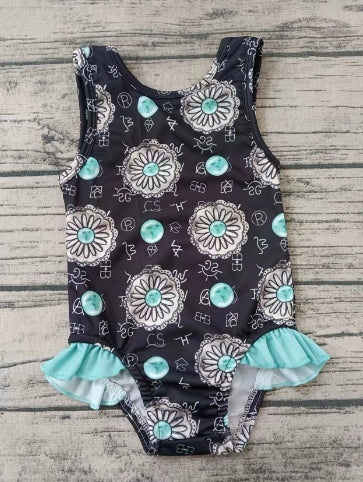 Preorder (moq 5)Baby Girls Black Sleeveless Turquoises One Piece Swimsuits