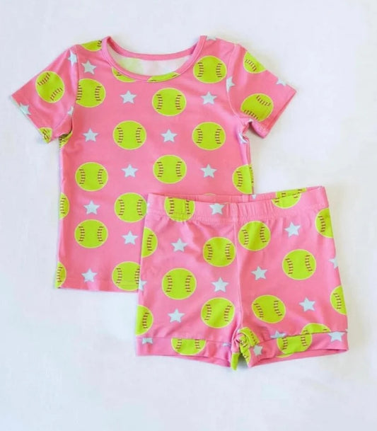 moq 5 preorder Baby Girls Baseball Stars Short Sleeve Top Shorts Pajamas