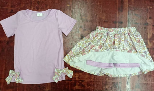 Preorder moq 5 Baby Girls Pink Short Sleeves Bows Top Floral Skort Set