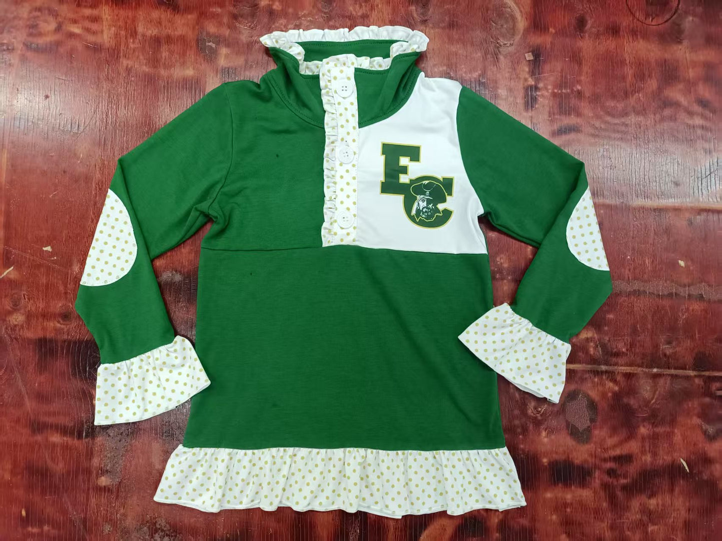 Preorder moq 5 Baby Girls Long Ruffle Sleeves Green EC Buccaneers Button Pullovers Top