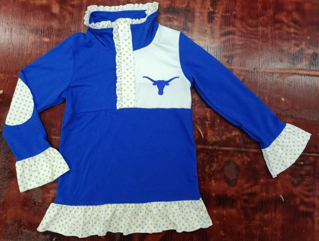 Preorder moq 5 Baby Girls Long Ruffle Sleeves Blue Bull Skull Longhorns Button Pullovers Top