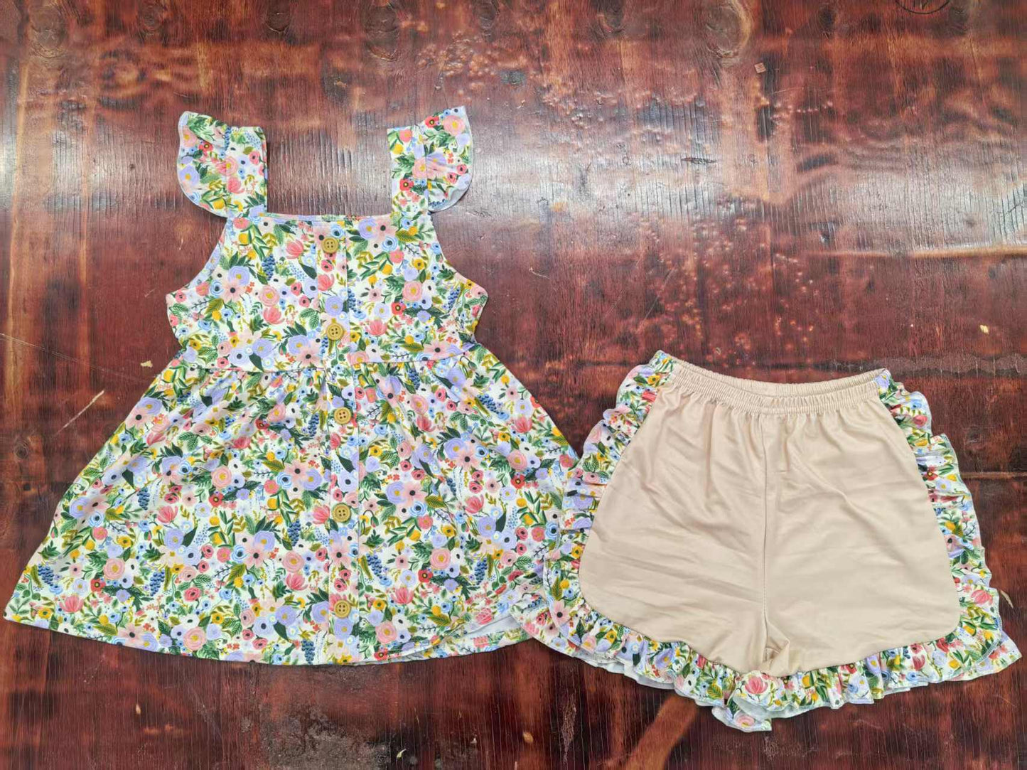 Preorder moq 5 Baby Girls Flutter Sleeves Colorful Floral Tunic Ruffle Short Sets