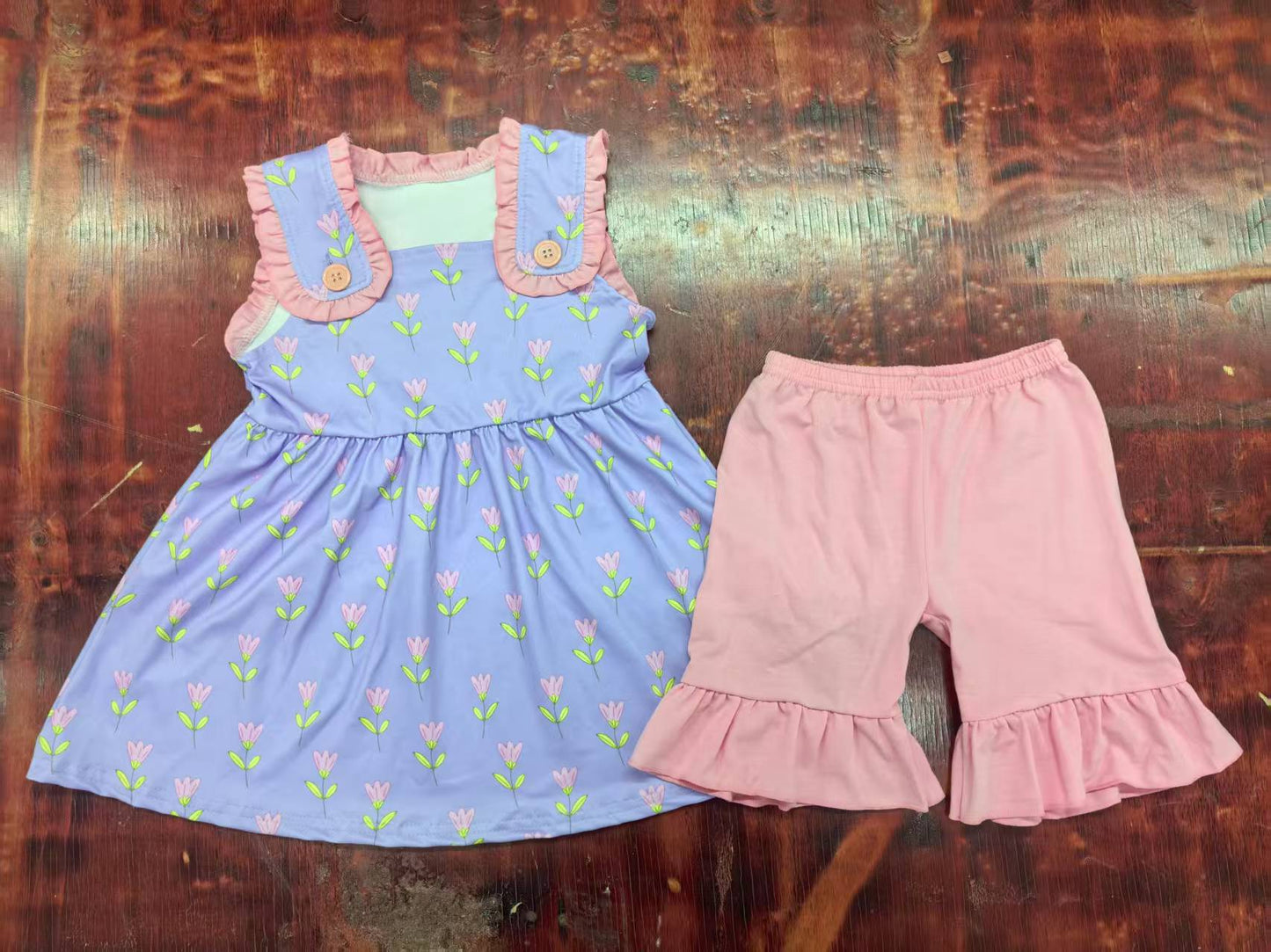 Preorder moq 5 Baby Girls Sleeveless Floral Button Tunic Peach Ruffle Short Sets