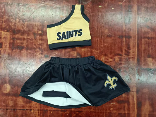 Preorder moq 5 Baby Girls One Shoulder Sleeveless SAINTS Vest Black Skort Sets
