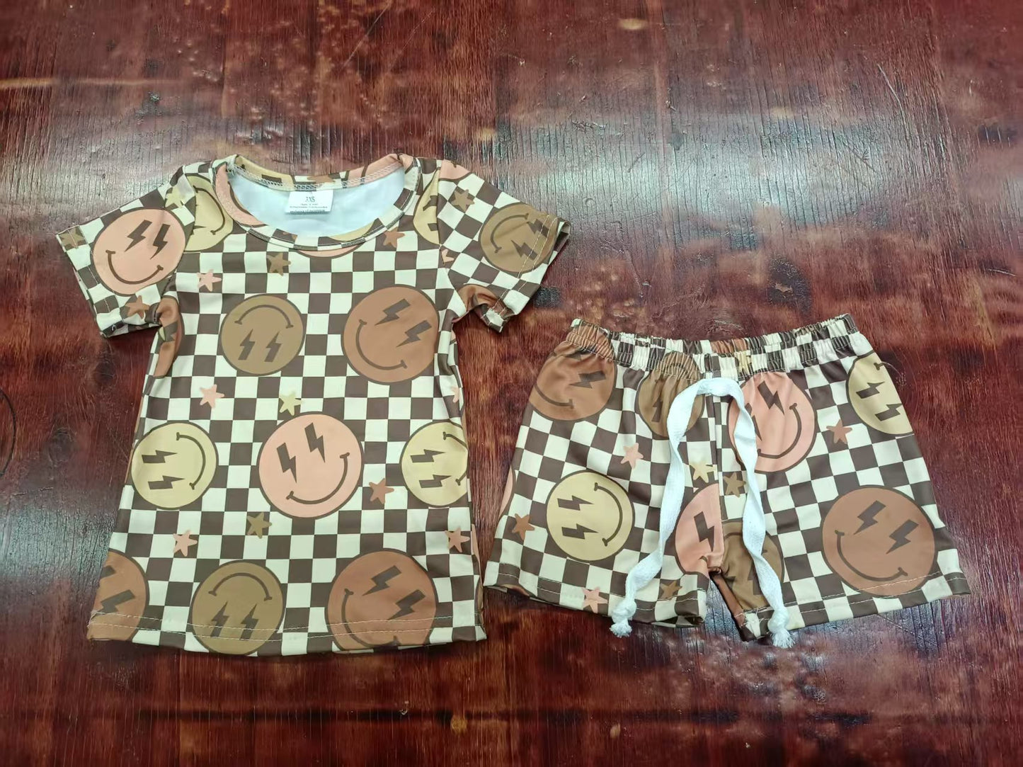 Preorder moq 5 Baby Boys Short Sleeves Khaki Plaid Smiles Top Short Pajamas Set