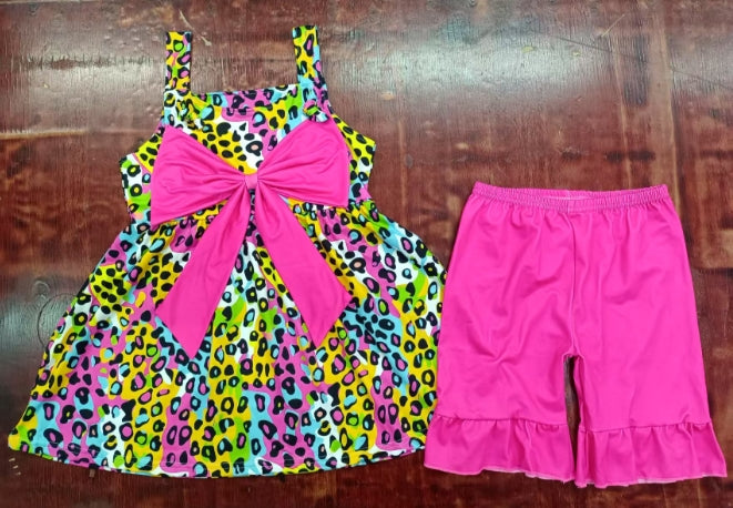Preorder moq 5 Baby Girls Strap Colorful Leopard Bows Tunic Hot Pink Ruffle Short Set