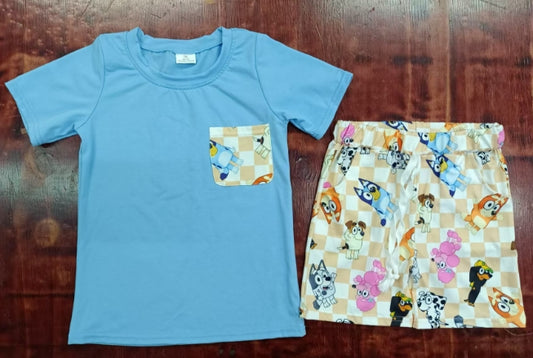 Preorder moq 5 Baby Boys Blue Short Sleeves Pocket Top Cartoon Dogs Pockets Short Set