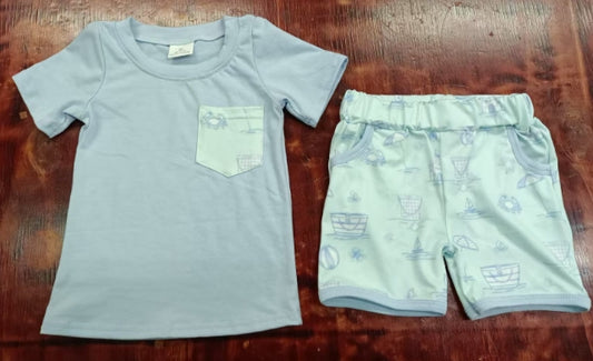 Preorder moq 5 Baby Boys Gray Short Sleeves Pocket Top Beach Pockets Short Set