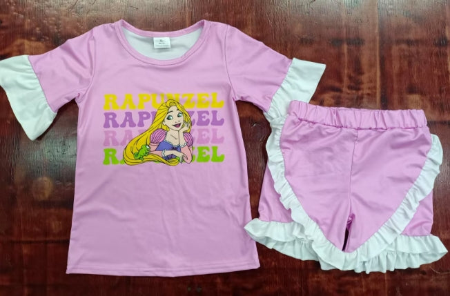 Preorder moq 5 Baby Girls Pink Short Sleeves Princess Rapunzel Top Ruffle Short Set