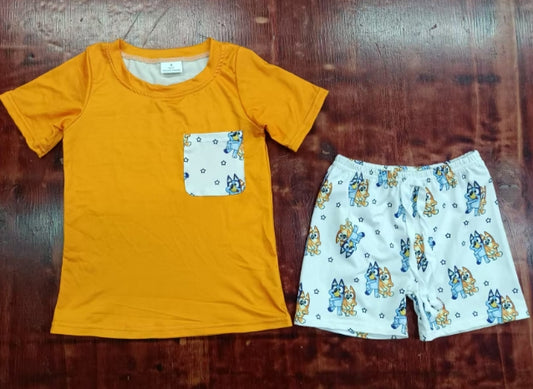 Preorder moq 5 Baby Boys Orange Short Sleeves Pocket Top Cartoon Dogs Stars Short Set