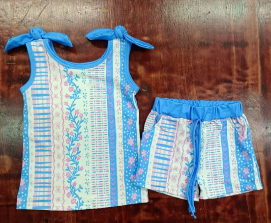 Preorder moq 5 Baby Girls Blue Bows Sleeveless Floral Stripe Top Pockets Short Set