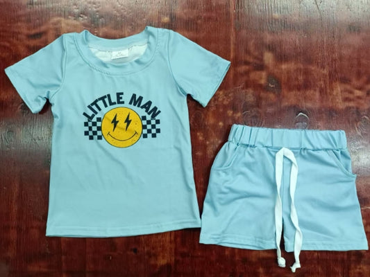 Preorder moq 5 Baby Boys Blue Short Sleeves Little Man Smile Top Pockets Short Set